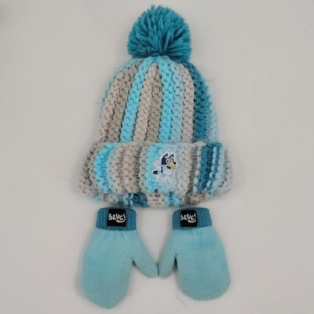 Bluey Striped Knit Hat and Mittens Set - Blue and Cream 2T - 5T